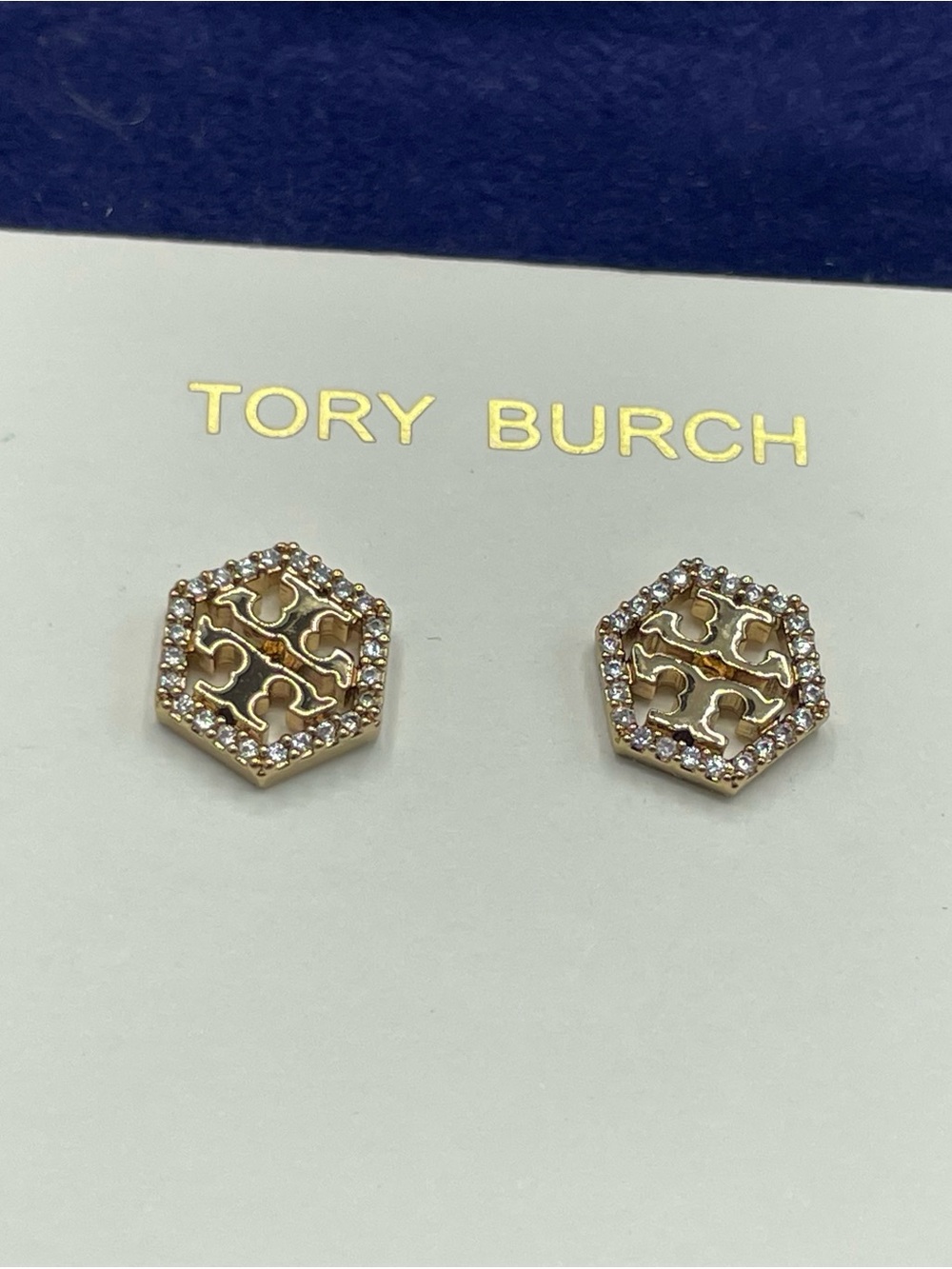 Tory Burch Gold Hexagon Logo Crystal Stud Earrings